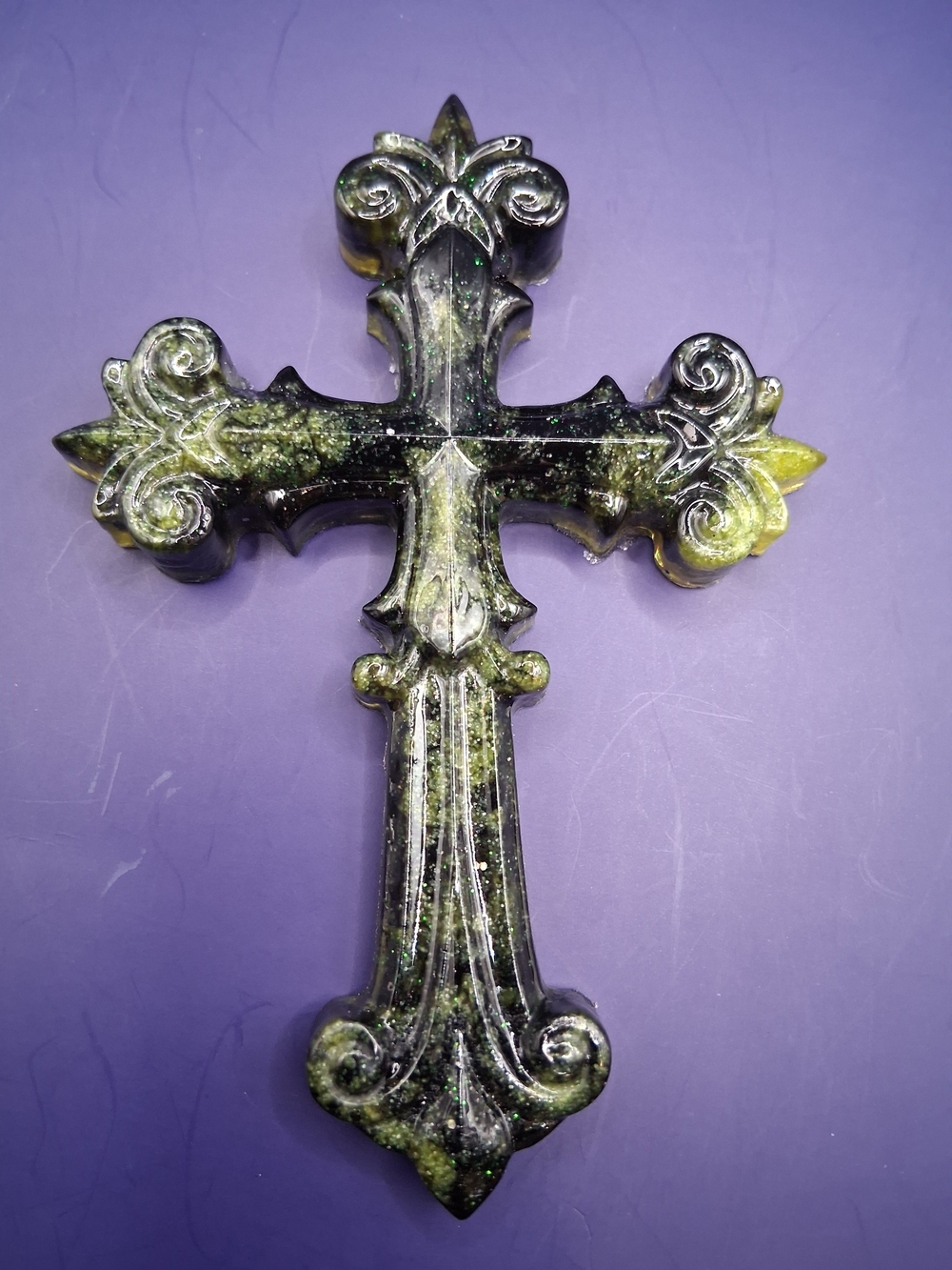 Ornate Resin Cross Wall Decor in Black and Green
